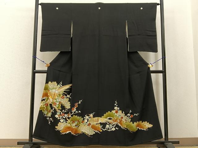 平和屋着物■豪華黒留袖　刺繍　尾長鳥枝花文　金彩　正絹　逸品　BAAW9842hj
