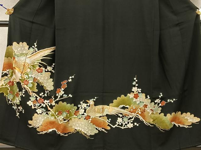 平和屋着物■豪華黒留袖　刺繍　尾長鳥枝花文　金彩　正絹　逸品　BAAW9842hj