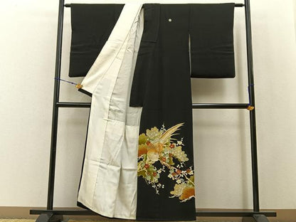 平和屋着物■豪華黒留袖　刺繍　尾長鳥枝花文　金彩　正絹　逸品　BAAW9842hj