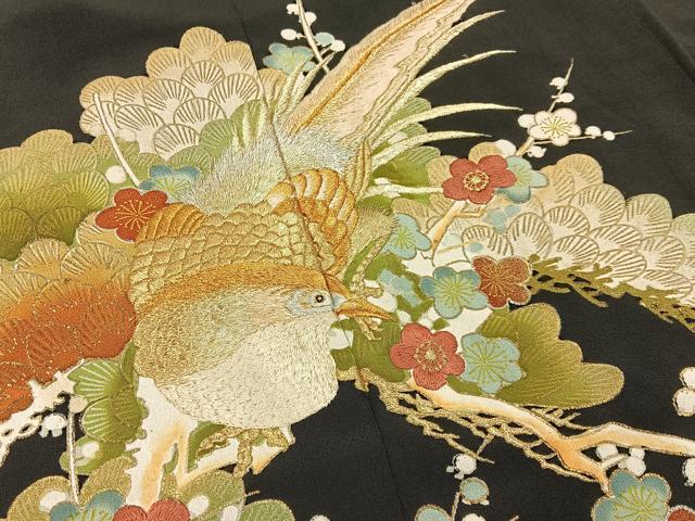 平和屋着物■豪華黒留袖　刺繍　尾長鳥枝花文　金彩　正絹　逸品　BAAW9842hj