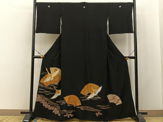 平和屋着物■豪華黒留袖　駒刺繍　飛鶴地紙有職文　金彩　正絹　逸品　BAAW9844hj