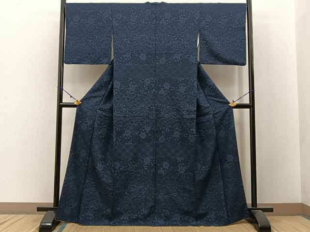 平和屋着物■上質な小紋 藍 型染め 草花文 正絹 逸品 BAAW9845hj