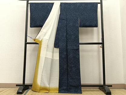 平和屋着物■上質な小紋 藍 型染め 草花文 正絹 逸品 BAAW9845hj