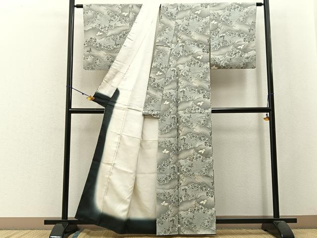平和屋着物■上質な紬　花蝶文　正絹　逸品　BAAW9857hj