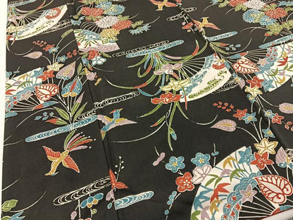 平和屋着物■上質な小紋 型染め 鳳凰扇面花文 黒地 正絹 逸品 BAAW9874hj