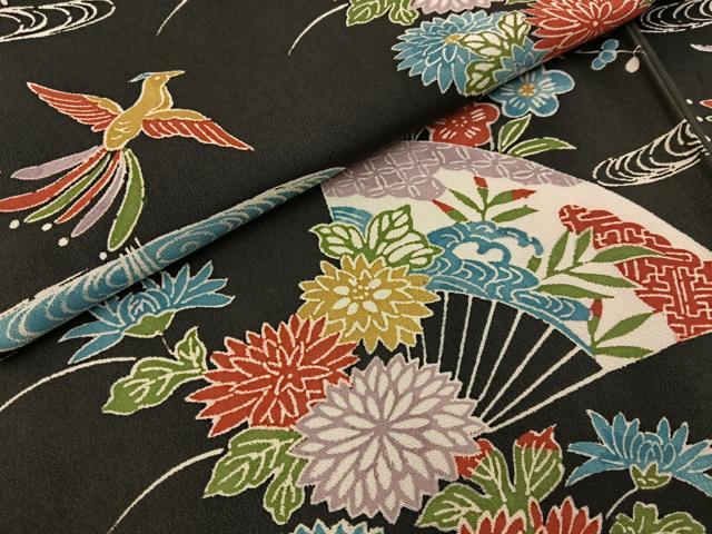 平和屋着物■上質な小紋 型染め 鳳凰扇面花文 黒地 正絹 逸品 BAAW9874hj