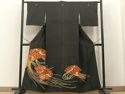 平和屋着物■豪華黒留袖 駒刺繍 束ね熨斗檜扇文 金彩 正絹 逸品 BAAW9881hj