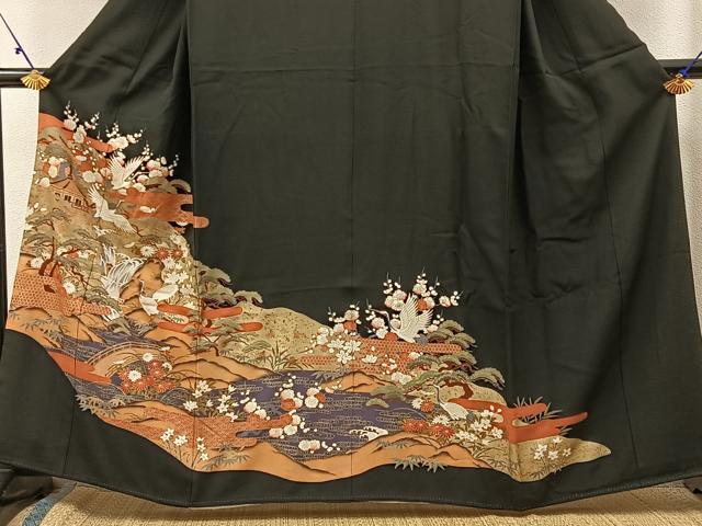 平和屋着物■豪華黒留袖 飛鶴浜松文 金彩 正絹 逸品 BAAW9890hj