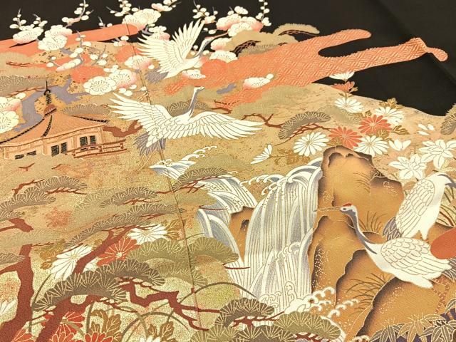 平和屋着物■豪華黒留袖 飛鶴浜松文 金彩 正絹 逸品 BAAW9890hj