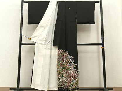 平和屋着物■豪華黒留袖　友禅　作家物　草花文　正絹　逸品　BAAW9909hj