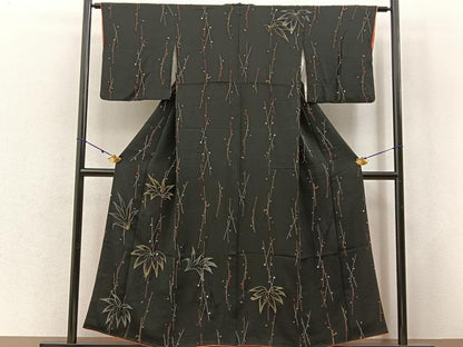 平和屋着物■訪問着　刺繍　草葉文　黒地　金銀糸　正絹　逸品　BAAW9911hj