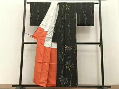 平和屋着物■訪問着　刺繍　草葉文　黒地　金銀糸　正絹　逸品　BAAW9911hj