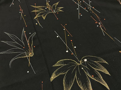 平和屋着物■訪問着　刺繍　草葉文　黒地　金銀糸　正絹　逸品　BAAW9911hj