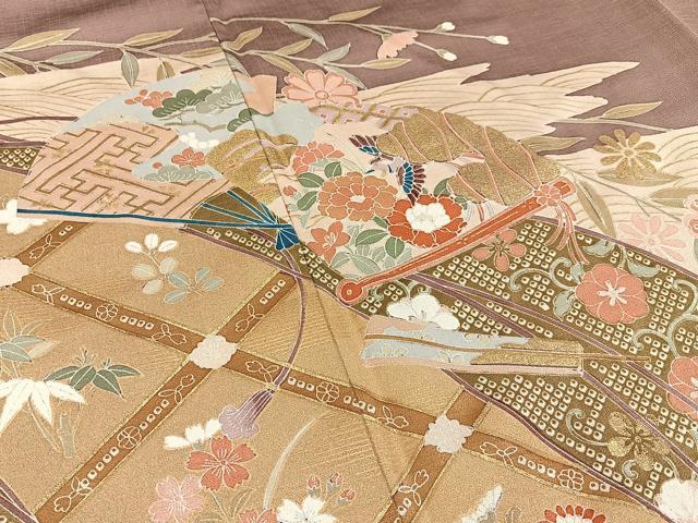 平和屋着物■豪華色留袖 檜扇花鳥文 金彩 正絹 逸品 BAAW9914hj