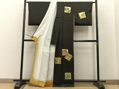 平和屋着物■訪問着 平安人物文 黒地 金彩 正絹 逸品 BAAW9927hj