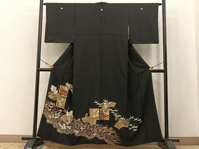平和屋着物■豪華黒留袖 群鶴地紙花文 金彩 正絹 逸品 BAAW9937hj