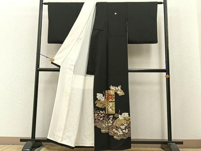 平和屋着物■豪華黒留袖 群鶴地紙花文 金彩 正絹 逸品 BAAW9937hj