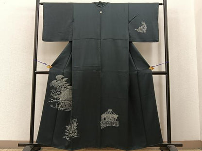 平和屋着物■訪問着 金糸刺繍 風景文 黒地 正絹 逸品 BAAW9974hj