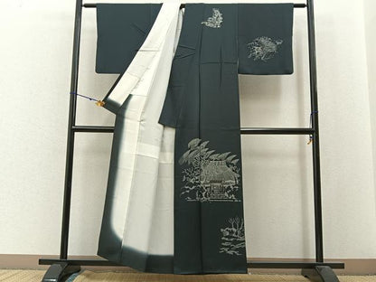 平和屋着物■訪問着 金糸刺繍 風景文 黒地 正絹 逸品 BAAW9974hj
