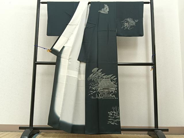 平和屋着物■訪問着 金糸刺繍 風景文 黒地 正絹 逸品 BAAW9974hj