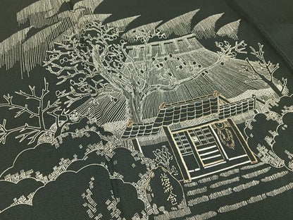 平和屋着物■訪問着 金糸刺繍 風景文 黒地 正絹 逸品 BAAW9974hj