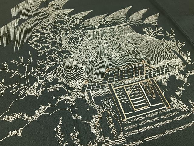 平和屋着物■訪問着 金糸刺繍 風景文 黒地 正絹 逸品 BAAW9974hj