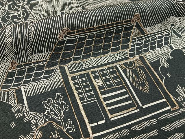 平和屋着物■訪問着 金糸刺繍 風景文 黒地 正絹 逸品 BAAW9974hj