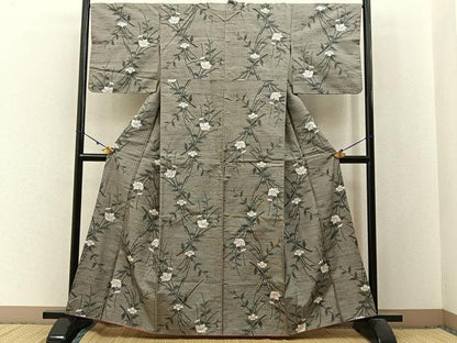 平和屋着物■上質な紬　草花文　正絹　逸品　BAAW9996hj