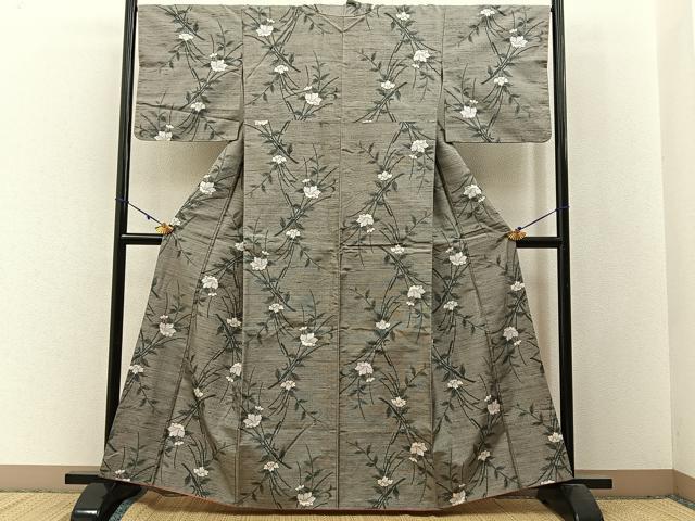 平和屋着物■上質な紬　草花文　正絹　逸品　BAAW9996hj