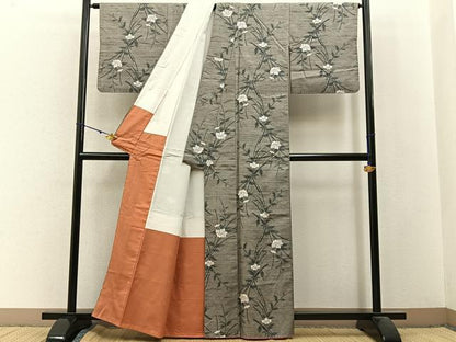 平和屋着物■上質な紬　草花文　正絹　逸品　BAAW9996hj