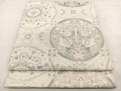 平和屋着物◎六通柄袋帯　花鳥丸文　銀糸　正絹　逸品　BAAX0029qw