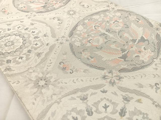 平和屋着物◎六通柄袋帯　花鳥丸文　銀糸　正絹　逸品　BAAX0029qw