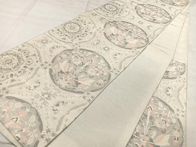 平和屋着物◎六通柄袋帯　花鳥丸文　銀糸　正絹　逸品　BAAX0029qw