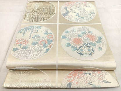 平和屋着物◎六通柄袋帯　唐織　佳祥錦　陶器花丸文　銀糸　正絹　逸品　BAAX0031qw