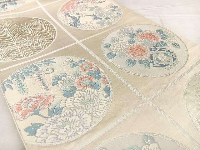 平和屋着物◎六通柄袋帯　唐織　佳祥錦　陶器花丸文　銀糸　正絹　逸品　BAAX0031qw