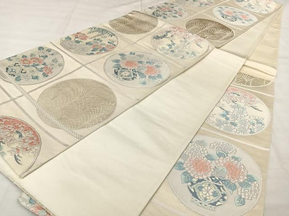 平和屋着物◎六通柄袋帯　唐織　佳祥錦　陶器花丸文　銀糸　正絹　逸品　BAAX0031qw