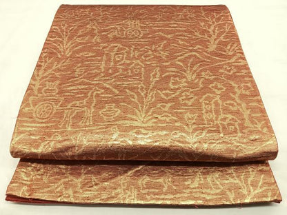 平和屋着物◎六通柄袋帯　紬地　狩猟文　金糸　正絹　逸品　BAAX0032qw