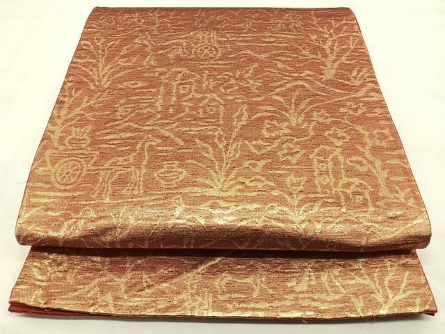 平和屋着物◎六通柄袋帯　紬地　狩猟文　金糸　正絹　逸品　BAAX0032qw