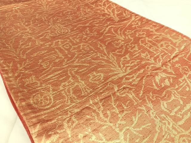 平和屋着物◎六通柄袋帯　紬地　狩猟文　金糸　正絹　逸品　BAAX0032qw
