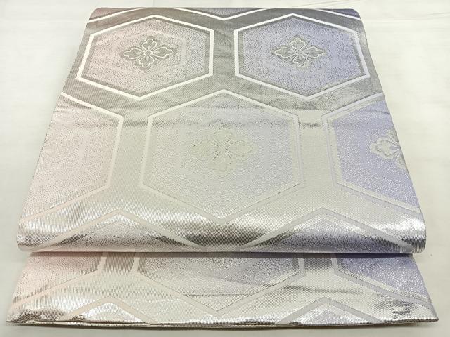 平和屋着物◎両面　全通柄袋帯　やまとオリジナル　亀甲花文　銀糸　正絹　逸品　BAAX0033qw