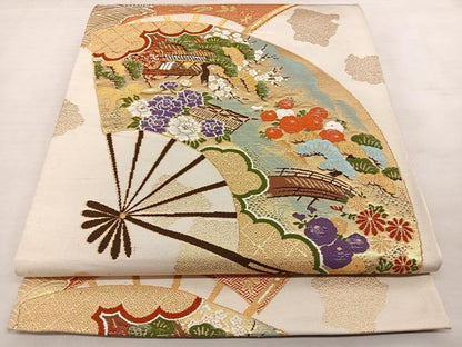 平和屋着物◎六通柄袋帯　唐織　扇面風景文　金糸　正絹　逸品　BAAX0043qw