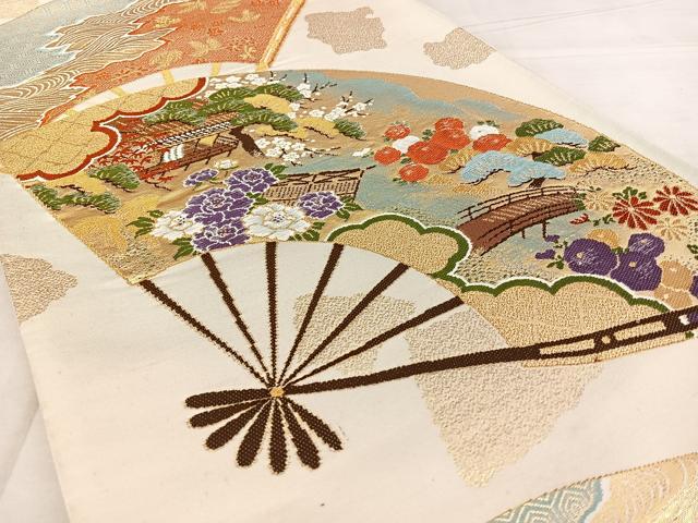 平和屋着物◎六通柄袋帯　唐織　扇面風景文　金糸　正絹　逸品　BAAX0043qw