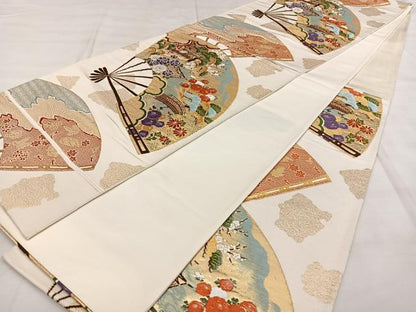 平和屋着物◎六通柄袋帯　唐織　扇面風景文　金糸　正絹　逸品　BAAX0043qw