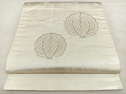 平和屋着物◎太鼓柄袋帯　総刺繍　舞葉文　銀糸　正絹　逸品　BAAX0051qw