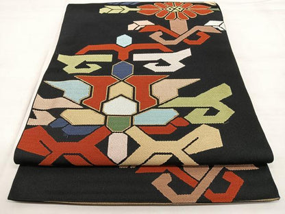 平和屋着物◎六通柄　本袋帯　唐織　幾何学文様　金糸　正絹　逸品　BAAX0054qw
