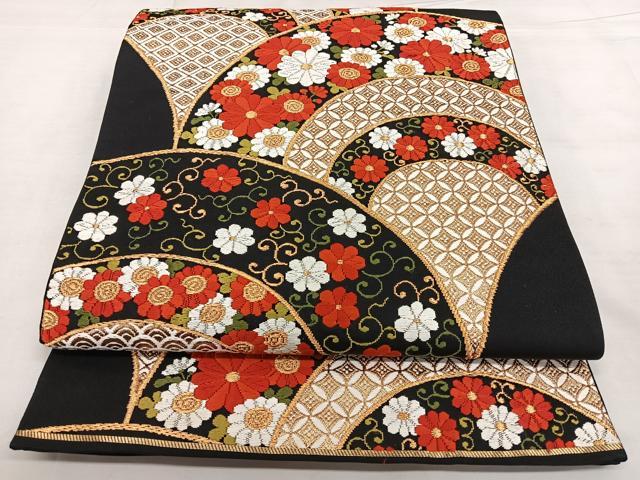 平和屋着物◎六通柄袋帯　唐織　花青海波　黒地　金糸　正絹　逸品　BAAX0061qw