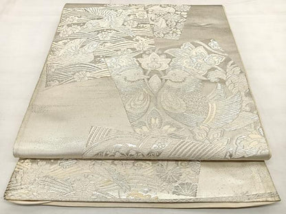 平和屋着物◎六通柄袋帯　唐織　鴛鴦花文　銀糸　正絹　逸品　BAAX0075qw