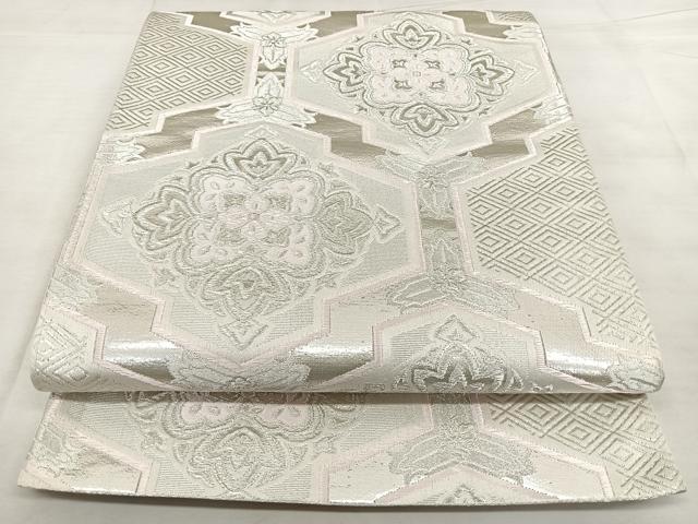 平和屋着物◎六通柄袋帯　唐織　亀甲花文　銀糸　正絹　逸品　BAAX0083qw