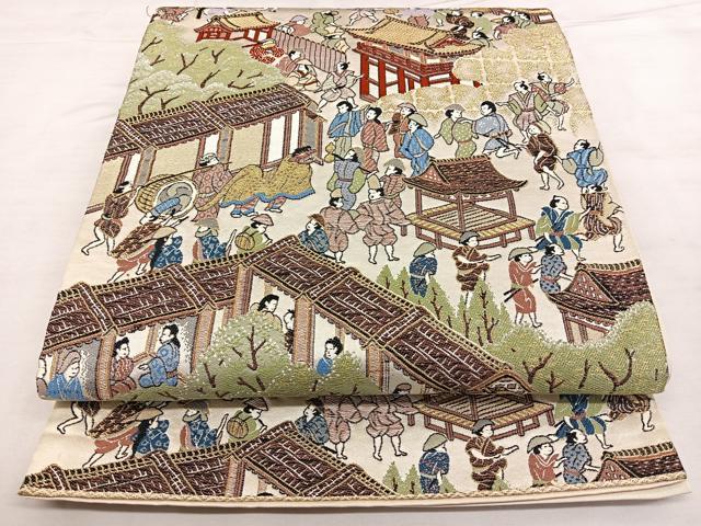 平和屋着物◎六通柄袋帯　唐織　人物文　金糸　正絹　逸品　BAAX0095qw
