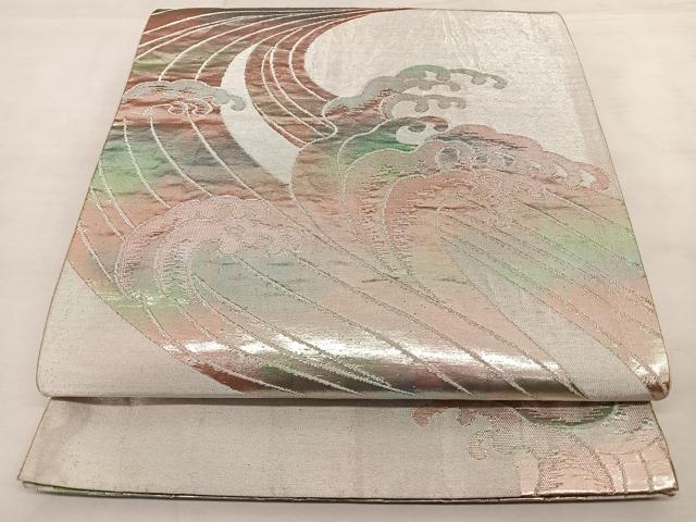 平和屋着物◎六通柄袋帯　唐織　立波文　銀糸　正絹　逸品　BAAX0097qw